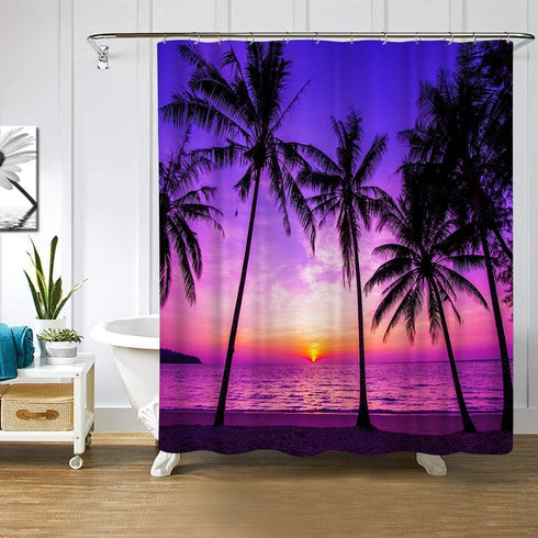 Sunset Beach Shower Curtain Tropical Palm Tree Landscape Waterproof Fabric Curtains for Bathroom Decor with 12 Hooks 72x72 Inches...