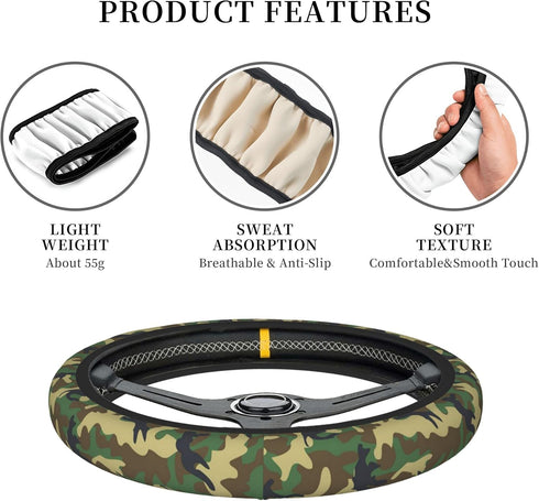 Green Camo Steering Wheel Cover for Women Men, Universal 15 Inch Anti Slip Steering Wheel Protector Car Accessories Interior for Auto Truck SUV...