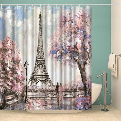 Paris Shower Curtain for Bathroom Sakura Landscape Pink Romantic Waterproof Fabric Curtain Decor with 12 Hooks 72x72 Inches...