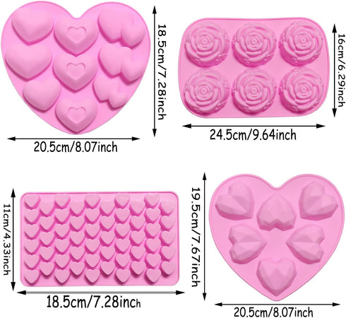 6PCS Diamond Heart Silicone Mold Valentines Day Rose Flower Chocolate Mold Heart Shape Mousse Cake Mold with 2 Liquid Dropper for Baking Candy Fon...