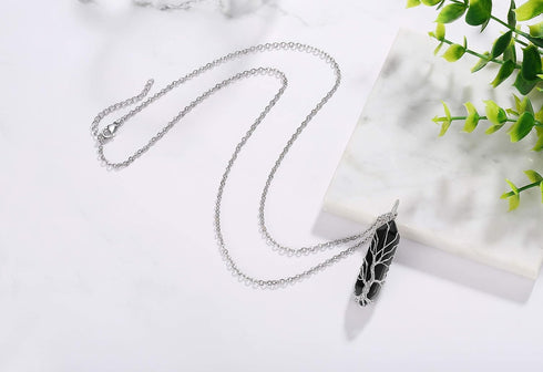 XIANNVXI Tree of Life Wire Wrapped Crystal Point Pendant Necklace Reiki Healing Crystal Stone Black Agate Necklaces Natural Hexagonal Gemstone Qua...