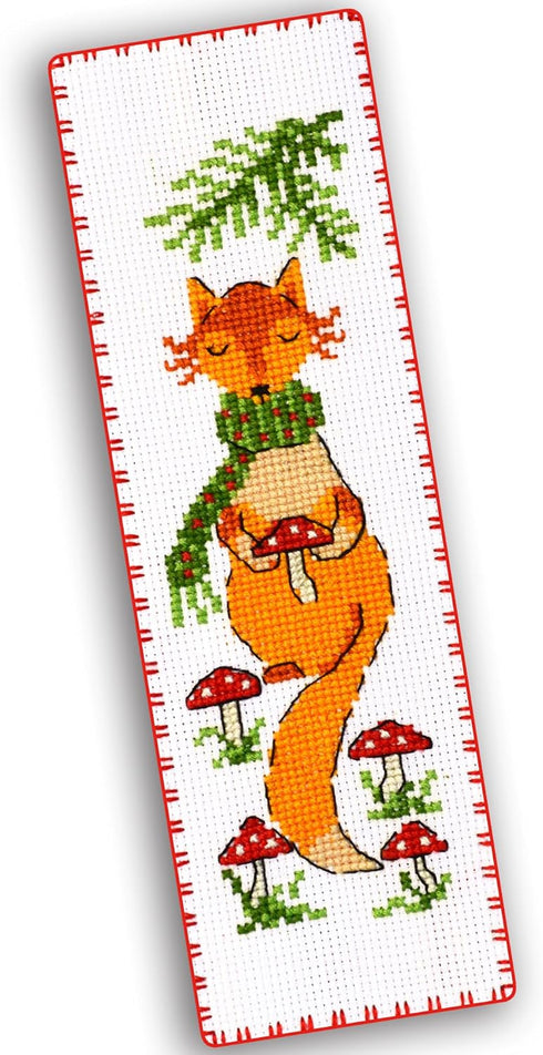 Mushroom Fox - Counted Cross Stitch Bookmark Kit - DIY Embroidery Set with Pattern of Red Fox and Mushrooms - Handmade Gift for Adults with Paper ...