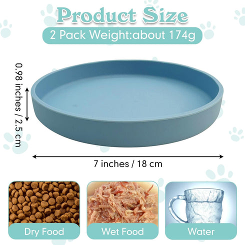 Silicone Cat Bowl Set of 2 Shallow Cat Food Dish 7in Wide Cat Plates Relief Whisker Fatigue Pet Feeding Bowls for Kittens Puppy Dog (Round Blue)...