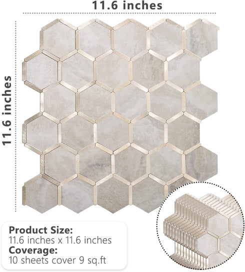 STICKGOO Hexagon Peel and Stick Backsplash Tile, Stick on Backsplash for Kitchen and Bathroom, Beige Marble Look PVC Mixed Metal Gold Self Adhesiv...