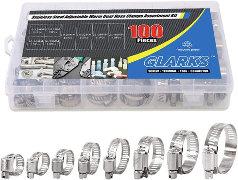 Glarks 100Pcs Adjustable 8-44mm Range 304 Stainless Steel Worm Gear Hose Clamps Assortment Kit, Fuel Line Clamp for Water Pipe, Plumbing, Automoti...