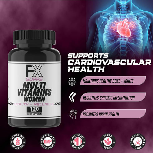 FXSUPPS Multivitamin for Women with Vitamin C, Vitamin D, Vitamin E, Zinc for Immune Support - Vegan Women's Multivitamin with Biotin, Iron, Antio...