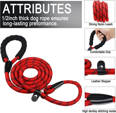 Slip Lead Dog Leash, Strong Dog Leash, 6 FT Heavy Duty Dog Leash, Durable Training Rope Slip Leash with Comfortable Padded Handle and Highly Refle...