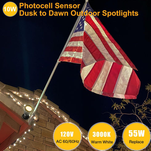 10W Dusk to Dawn Outdoor LED Spotlight Plug in with Photocell Sensor for House Flag Yard Tree, 3000K 1000lm Warm White 120V Landscape Lighting wit...
