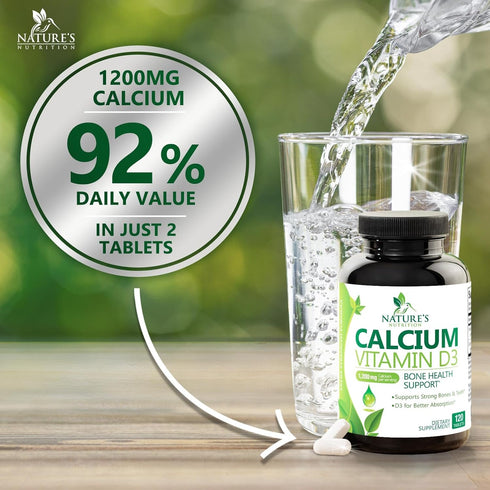 Calcium Supplement with Vitamin D - 1200 mg Calcium Carbonate with 1600 IU of D3 Vitamins - Supports Bone Strength, Teeth & Immune System - Natura...