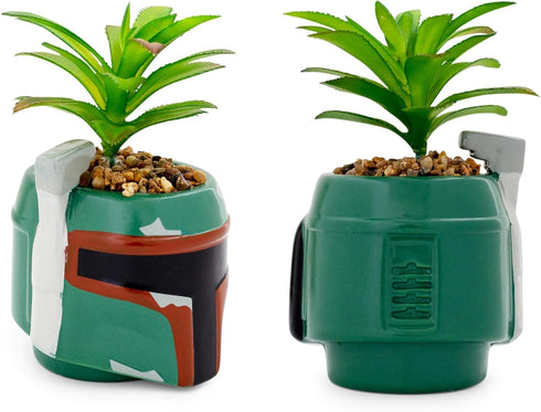 Star Wars Boba Fett Helmet 3-Inch Ceramic Planter with Artificial Succulent | Small Flower Pot, Faux Indoor Plant for Desk Shelf, Trinket Tray | C...