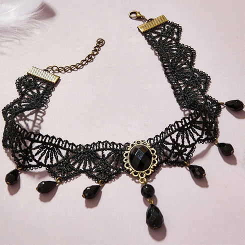 Boho Crystal Lace Choker Necklace Black Teardrop Necklace Choker Gothic Droplet Crystal Collar Necklace Retro Vintage 90s Necklace Chain Jewelry f...