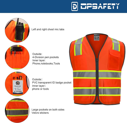 9 Pockets High visibility Class 2 Safety Vest?Hi Vis Vest with 2 inch wide Reflective Strips security vest with Zipper construction work vest for ...
