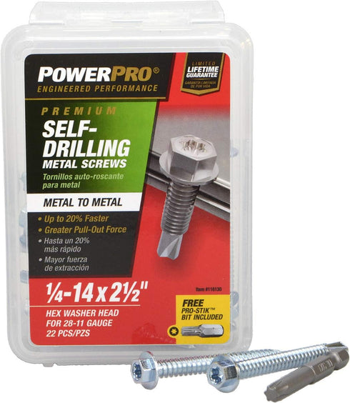 Power Pro Premium Self-Drilling Metal Screws, Zinc Plated Steel, Hex Washer Head Metal to Metal Winged Point Screws, Silver, ¼ x 2-½ inches, Box o...