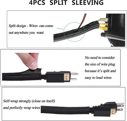Cord Management Organizer Kit 4 Cable Sleeve split with 41Self Adhesive Cable Clips Holder, 10pcs and 2 Roll Self Adhesive tie and 100 Fastening C...