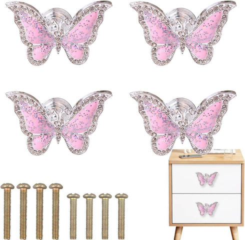 4 pcs Butterfly Handle Creative Cabinet Drawer Wardrobe Dresser Zinc Alloy Knob Furniture Door Single Hole Handle Door Handle (Pink Butterfly)...