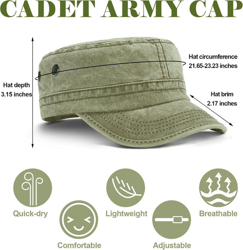 Geyoga Army Cap 2 Pieces Cadet Military Hat for Men Women Washed Cotton Flat Top Cap Unisex Outdoor Sports Casual Sun Hat...