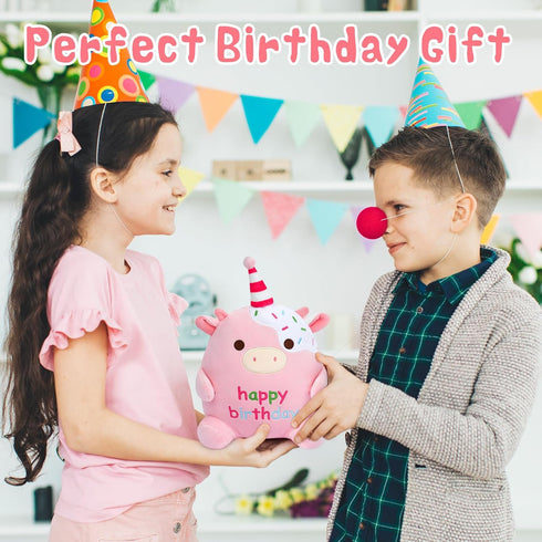 Happy Birthday Plush Toy, 8Inch Cute Cow Plush, Cow Stuffed Animals Soft Birthday Plush, Kawaii Cow Plushie Doll Home Party Decoration Birthday Gi...