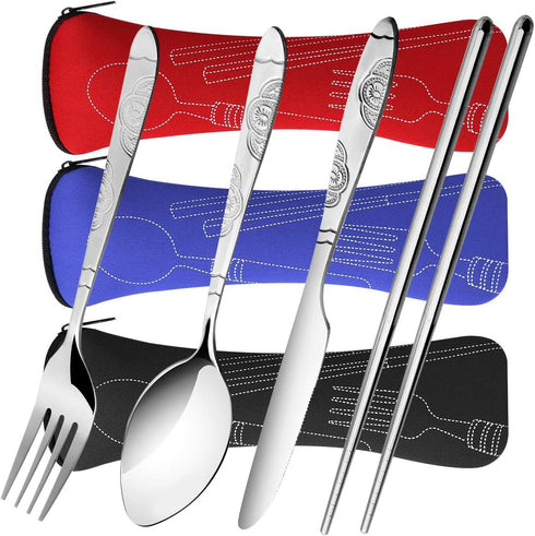 3 Pack Reusable Flatware Sets Knife, Fork, Spoon, Chopsticks, 12Pcs Portable Travel Stainless Steel Tableware Dinnerware with Carrying Case...
