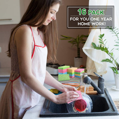 Cleaning Scrub Colored Sponge,Non-Scratch Kitchen Cellulose Dishwashing Sponge,16Pack Biodegradable Natural Sponge...