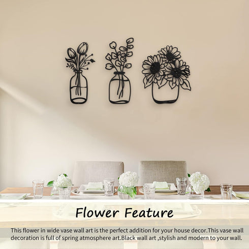 3 Pieces Metal Flower Wall Decor Minimalist Vase Wall Art Black Tulip Wire Iron Decor Floral Wall Sculpture for Kitchen Bathroom Living Room (Deli...