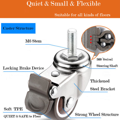 Stem Casters, 360 Degree Swivel Stem TPR Wheels with Metric M6-1.0x15mm Thread Rods Replacement Industrial Castors for Carts, Furniture, Dolly, Wo...