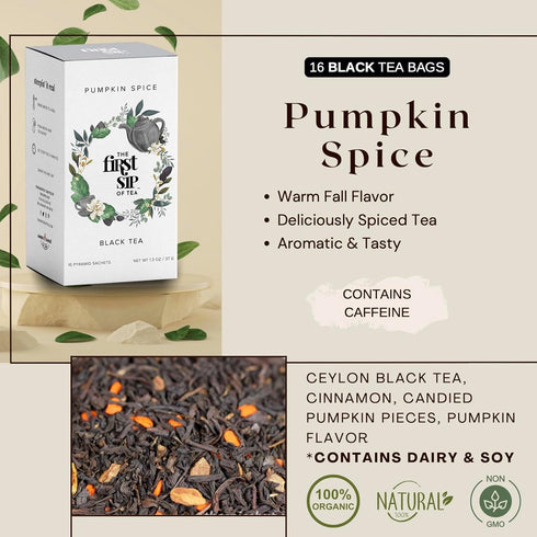 Pumpkin Spice Tea Bags - Black Tea with real Pumpkin, Cinnamon & Spices, Caffeine - 16 Cups | The Spice Hut, First Sip of Tea...