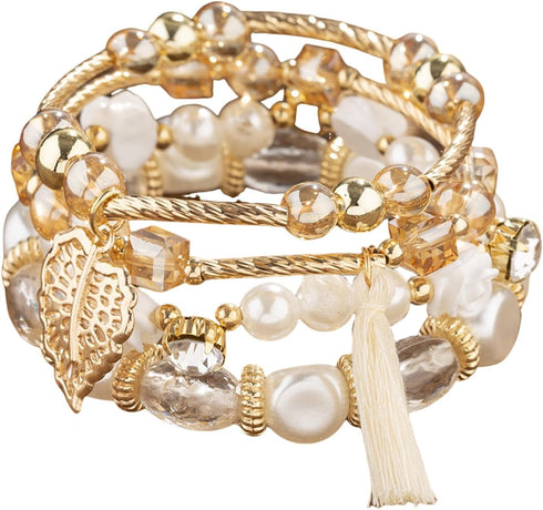 4Pcs Set Bohemian Rose Leaves Crystal Pearl Tassel Beaded Stretch Pendant Bracelets for Women Gold Beaded Stackable Bracelet Colorful Charm Jewelr...