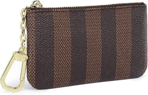 Rauder Luxury Zip Key Chain Pouch | Mini Coin Purse Wallet Card Holder with Clasp | for Men Women - Coated Canvas (Brown Stripe)...