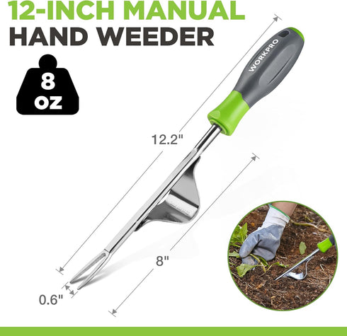 WORKPRO Weed Puller Tool, Metal Leverage Base and V-Shaped Forks for Easy Weed Removal & Deeper Root Digging, Heavy Duty Stainless Steel with Soft...