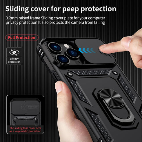 for iPhone 13 Pro Max Case with Slide Lens Cover, HD Screen Protector, Military Grade Drop Protection, Magnetic Rotated Ring Holder Kickstand Phon...