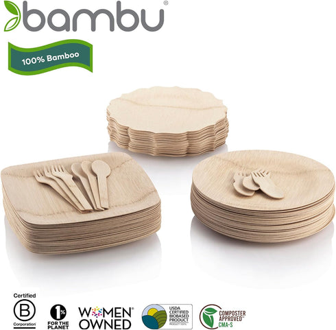 Bambu, Disposable Bamboo Utensils, Set of 100% Organic Biodegradable and Compostable Knives, Forks and Spoons for Weddings, Parties, Picnics, Even...