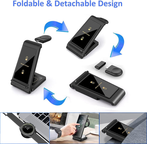 3 in 1 Wireless Charger DINTNCCM Fast Wireless Charging Stand Station Foldable for Samsung Galaxy S24 Ultra/S23+/S22/S21/S20/S10/S9, Galaxy Watch6...