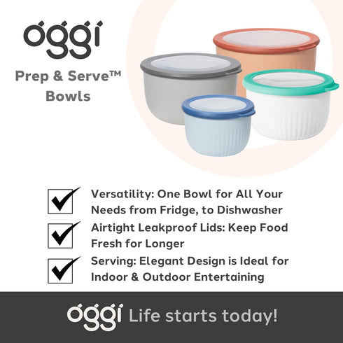 Oggi Prep, Store & Serve Plastic Bowl w/See-Thru Lid- Dishwasher, Microwave & Freezer Safe, (0.7 qt) Lt Gray w/Dk Gray Lid...
