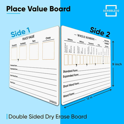 2 Pack Place Value Board 9" x 12" Double Sided Dry Erase Boards for Kids for Teaching Place Values from Billions to Decimal Numbers Math Manipulat...