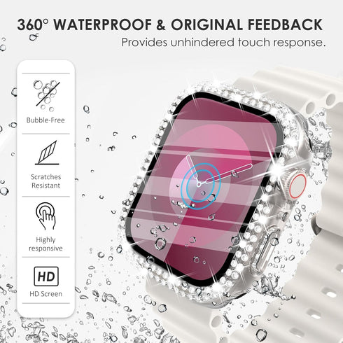 Surace 2 in 1 Waterproof Bling Case Compatible for Apple Watch Series 9 8 7 45mm, Over 100 Crystal Diamonds with Screen Protector, Front & Back Fu...