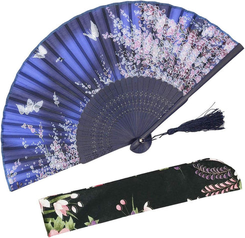 OMyTea® Women Hand Held Silk Folding Fan with Bamboo Frame - with a Fabric Sleeve for Protection for Gifts - Sakura Cherry Blossom Pattern (WZS-1)...