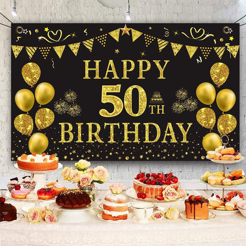 Trgowaul 50th Birthday Backdrop Gold and Black 5.9 X 3.6 Fts Happy Birthday Party Decorations Banner for Women Men Photography Supplies Background...