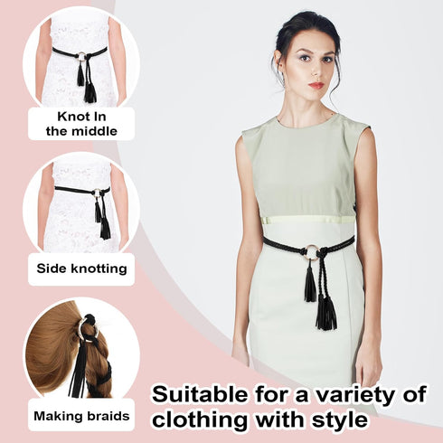 Women's Tassel Braided Waist Belt, Skinny Handwoven Belt with Ring for Dress Waist Belt...