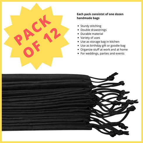 DR Black Cotton Drawstring Bags with Double String, For Pantry Gifts Kitchen Wardrobe (6 x 8 inch - 12 pack)...