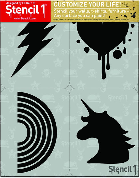 Stencil1 Rainbow | Heart | Unicorn | Bolt Four Pack Stencils 8.5 x 11 inches for Painting on T-Shirts, Bedroom Wall, Canvas, DIY Decorating and Ar...