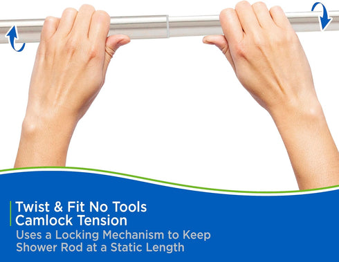Kenney KN609C/18 Twist & Fit No Tools Camlock Tension Easy Install Shower Curtain Rod with Non-Slip, On-Scratch Ends, 42-72" Adjustable Length, Br...