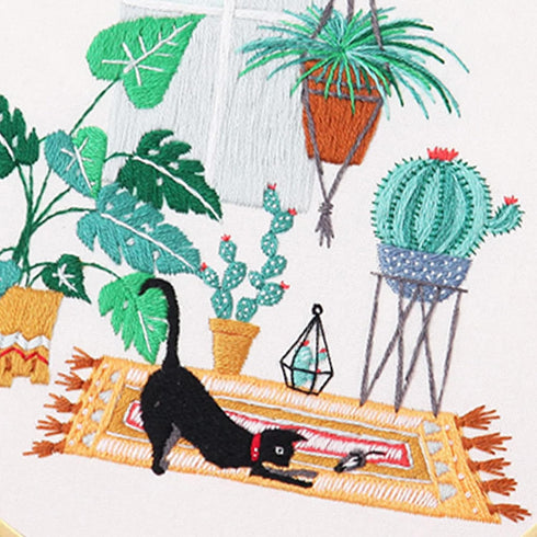 Santune 4pcs Embroidery Kit with Cat and Plant Patterns, Instructions for Beginners Cross Stitch Kits for Adults,2 Embroidery Hoops,Color Threads ...