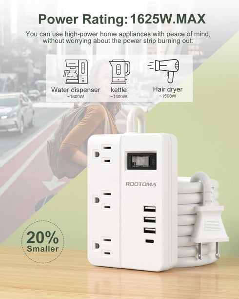 2 Prong Power Strip with USB-C, ROOTOMA 2 Prong to 3 Prong Outlet Adapter, 1080J 2 Prong Surge Protected with 3 Outlet & 4 USB, 3 Prong Adapter 4f...
