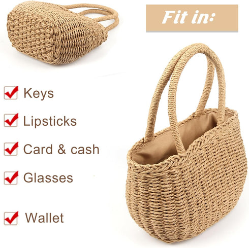 Gets Straw Bags for Women Hand-woven Small Hobo Bag Round Handle Ring Tote...