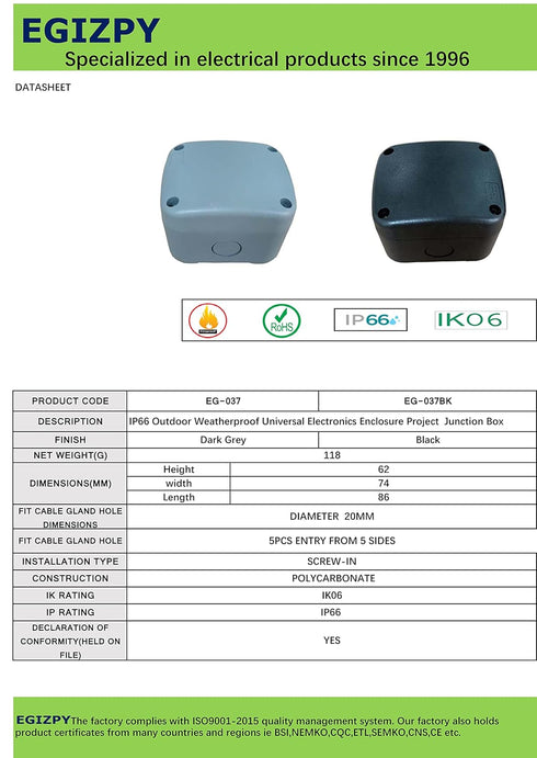 IP66 Outdoor Weatherproof Universal Electronics Enclosure Project Black Junction Box 3.3"X2.9"X2.3"Small...