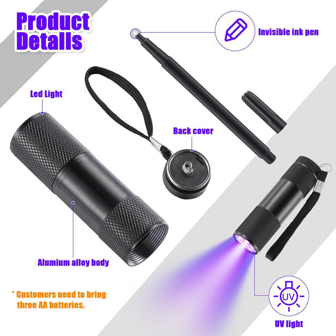 10 Pcs UV Blacklight Flashlight Set 5 Invisible Ink Pen 5 Mini UV LED Flashlight, Spy Pen Disappearing Ink Marker with Black Light for Kids Secret...