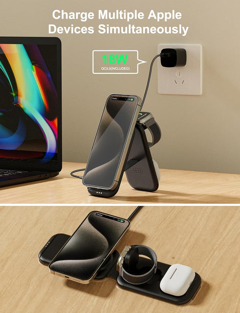 3 in 1 Magnetic Wireless Charging Station for Apple Device, Fast Mag-Safe Charger Stand, Travel Charging Pad for iPhone 15/14/13/12, iWatch Series...
