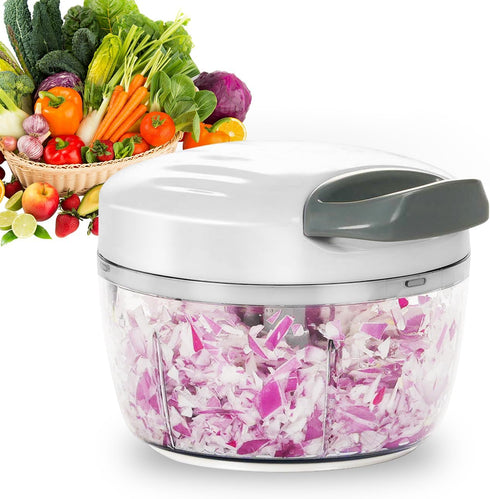 Manual Food Processor Vegetable Chopper 2.3 Cup Small Mini Hand Pull String Onion Chopper Garlic Mincer Cutter with 3 Stainless Steel Blades - Whi...