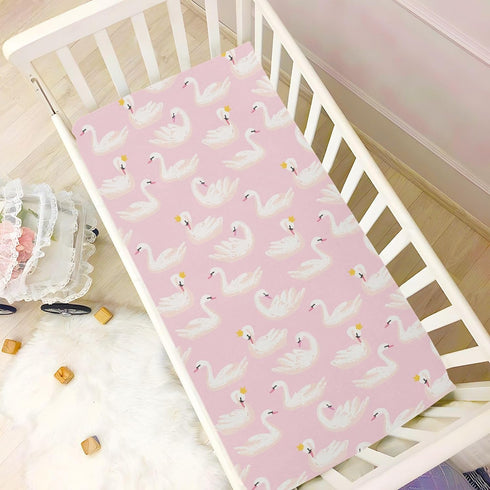 Fitted Crib Sheets Pink Cute Swan Animals Stretchy Portable Playard Sheets for Baby Toddler, Breathable Soft Mini Crib Mattress 39 x 27 in for Boy...