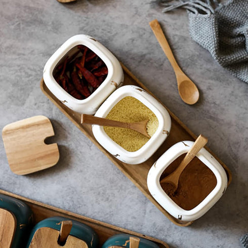 Marble Ceramics Sugar Bowl Ceramic Seasoning Box Ceramic Spice Jars Porcelain Condiment Pots with Lid and Spoon (White)...